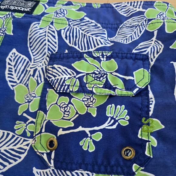 Reyn Spooner Retro Hawaiian Floral Print Board Shorts Size 34 Navy Green Surf - Picture 5 of 10